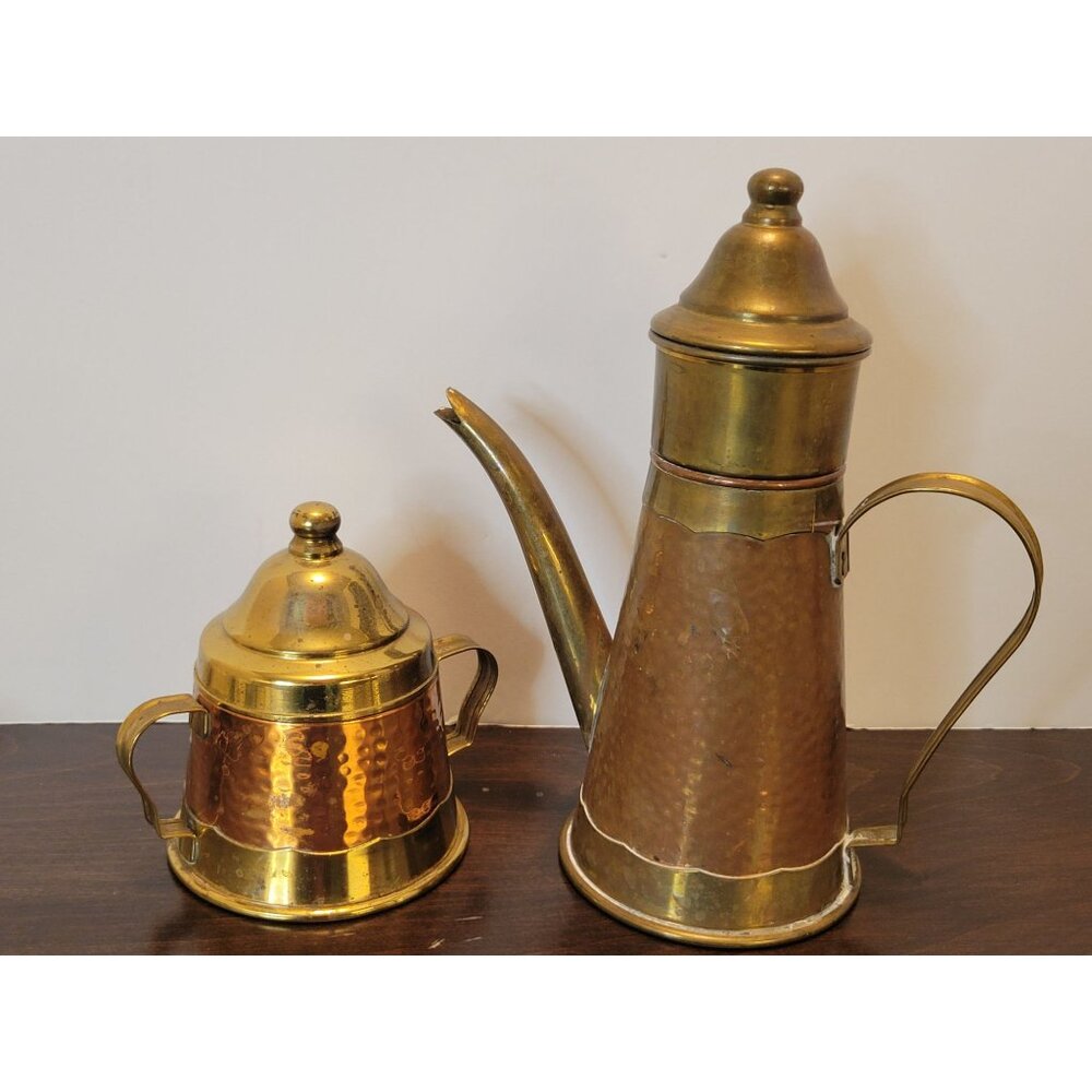 Vintage Mican Copper & Brass Turkish Coffee Pot W/ Filter & Sugar Bowl w/ Lid